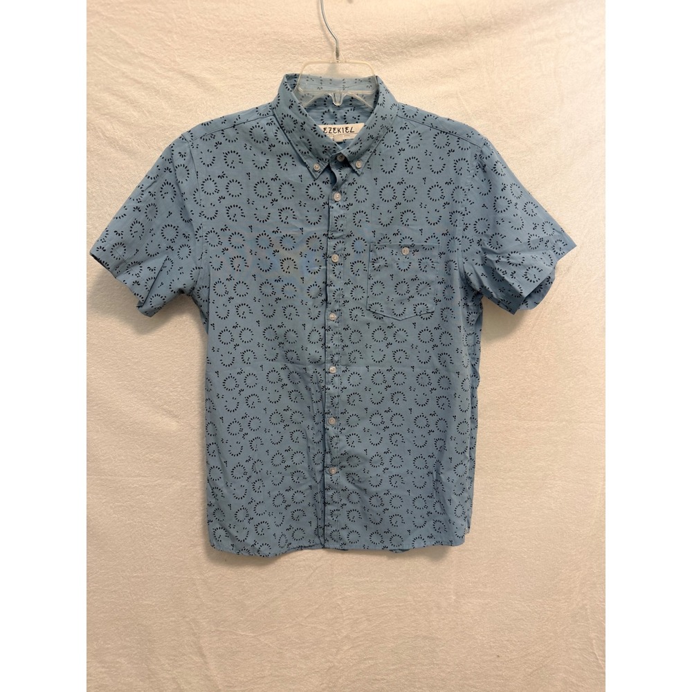 Ezekiel Mens Medium Blue Short Sleeve Button Down Shirt Geometric Print ES221142